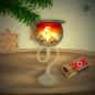 Mobile Preview: Christmas decoration windlight for Christmas on curved stand foot motif winter village green, blue, or red, series Lauscha Christmas