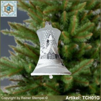 Christmas tree decorations glass bell with decor village church in winter