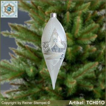 Christmas tree decorations glass olive with decor village church in winter