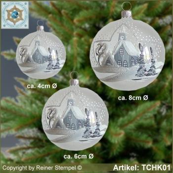 Christmas tree decorations Christmas tree ball glass ball with decor village church in winter