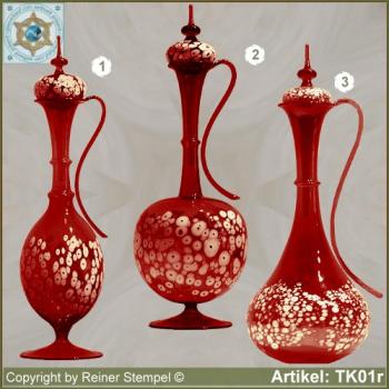 Carafe with lid red in 3 variants with white glass granules as pattern