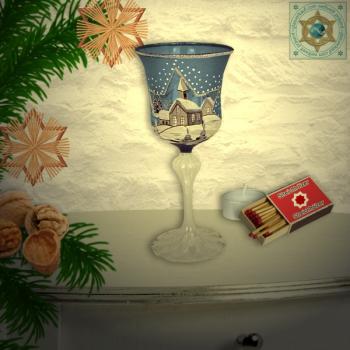Weihnachtsdekoration Windlicht für Weihnachten mit Motiv Winterdorf Blau Serie Bergweihnacht