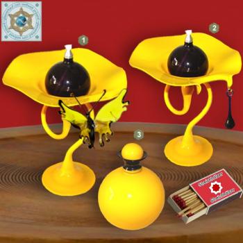 Öllampen mit Öl Flacon aus Glas Opak Gelb und braunen Applikationen Set 3-tlg.