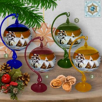 Christmas decoration glass ball on stand violet, blue, amber, green motif village church in winter series Lauscha Christmas
