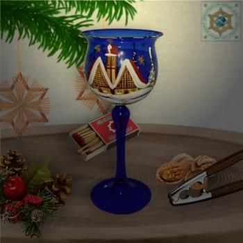 Christmas decoration windlight for Christmas goblet on long stand foot violet, blue, amber, green motif village church in winter series Lauscha Christmas