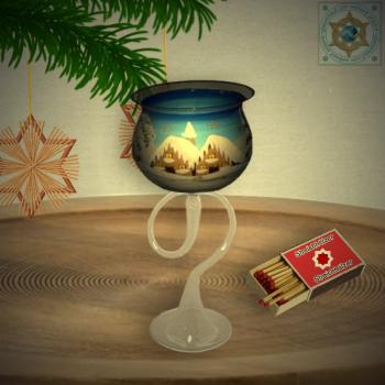 Christmas decoration windlight for Christmas on curved stand foot motif winter village green, blue, or red, series Lauscha Christmas
