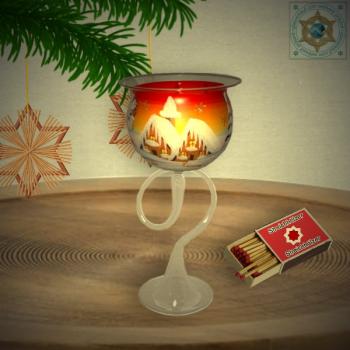 Christmas decoration windlight for Christmas on curved stand foot motif winter village green, blue, or red, series Lauscha Christmas