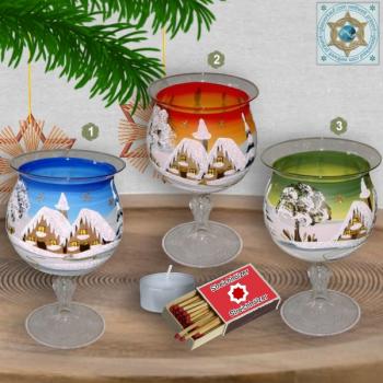 Christmas decoration windlight for Christmas on recently stand foot motif winter village green, blue, or red, series Lauscha Christmas