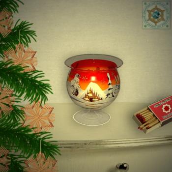 Weihnachtsdekoration Windlicht für Weihnachten auf Tellerfuß Motiv Winterdorf Blau Rot Grün Serie Lauschaer Weihnacht