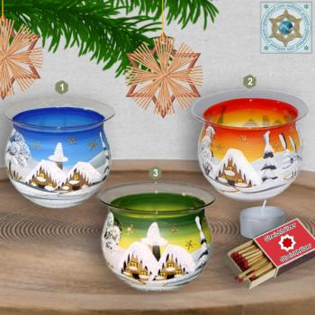 Christmas decoration windlight for Christmas bowl motif winter village green, blue, or red, series Lauscha Christmas