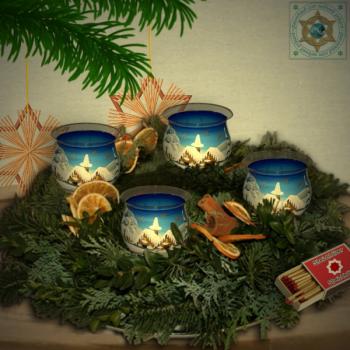 Weihnachtsdekoration Windlicht für Weihnachten Stecker 4-tlg. Motiv Winterdorf Blau Rot Grün Serie Lauschaer Weihnacht
