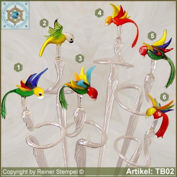 Flowers rod, orchids rod, flower holder made of glass with glass bird parrot 6 variants