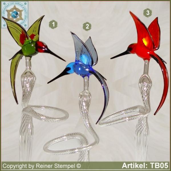 Flowers rod, orchids rod, flower holder made of glass with glass hamming-bird green, blue, red