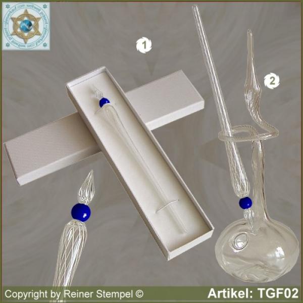 Tintenschreiber aus Glas, Glasfedern, Glasschreiber aus Fadenglas Kristallklar Weiss mit Perle Blau