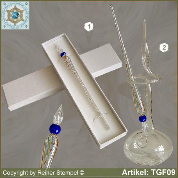 Glass pens, from strip glass, crystal clear colored with pearl blue
