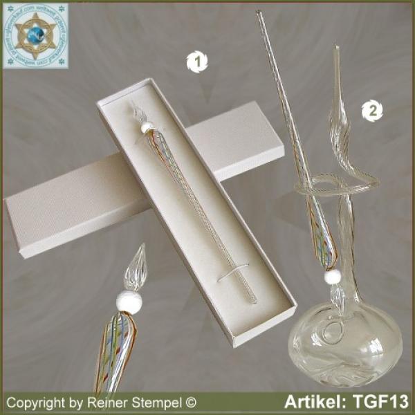 Tintenschreiber aus Glas, Glasfedern, Glasschreiber aus Fadenglas Kristallklar Bunt mit Perle Weiss