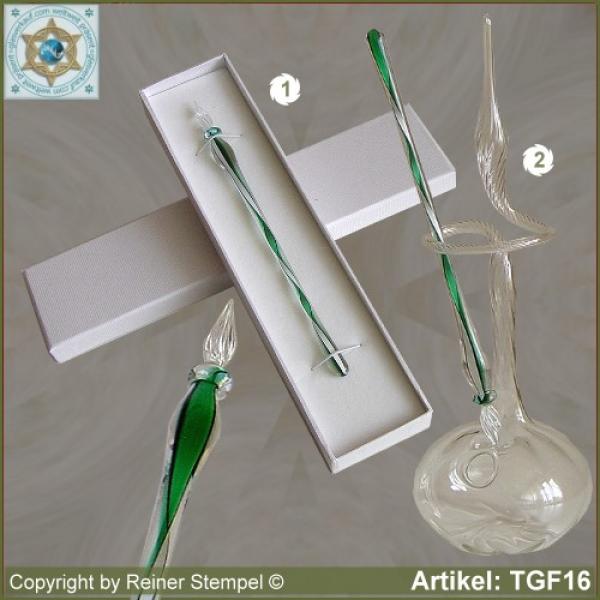 Tintenschreiber aus Glas, Glasfedern, Glasschreiber aus Massivglas Kristall Grün Weiss