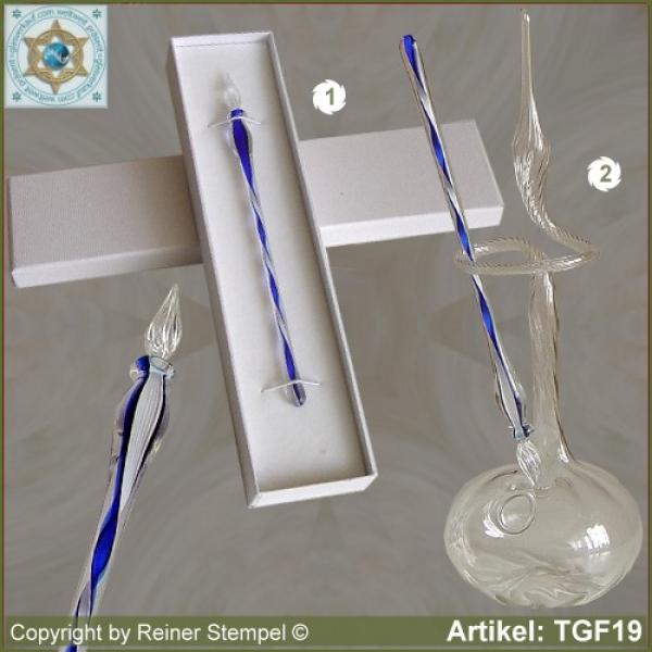 Tintenschreiber aus Glas, Glasfedern, Glasschreiber aus Massivglas Kristall Weiss Blau