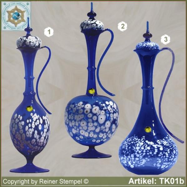 Carafe with lid blue in 3 variants with white glass granules as pattern