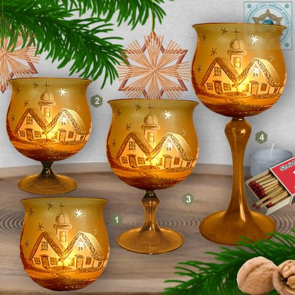 Weihnachtsdekoration Windlicht für Weihnachten in 4 Varianten mit Motiv Winterdorf Gold Serie Goldzauber