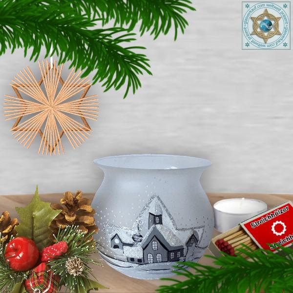 Weihnachtsdekoration Windlicht für Weihnachten in 4 Varianten mit Motiv Winterdorf Silber Serie Frost