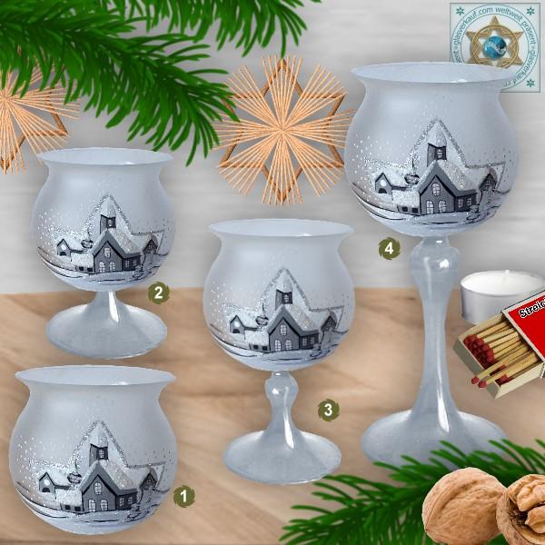 Weihnachtsdekoration Windlicht für Weihnachten in 4 Varianten mit Motiv Winterdorf Silber Serie Frost
