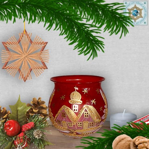 Weihnachtsdekoration Windlicht für Weihnachten in 4 Varianten Weihnachtsrot mit Motiv Winterdorf Gold Serie Klassik