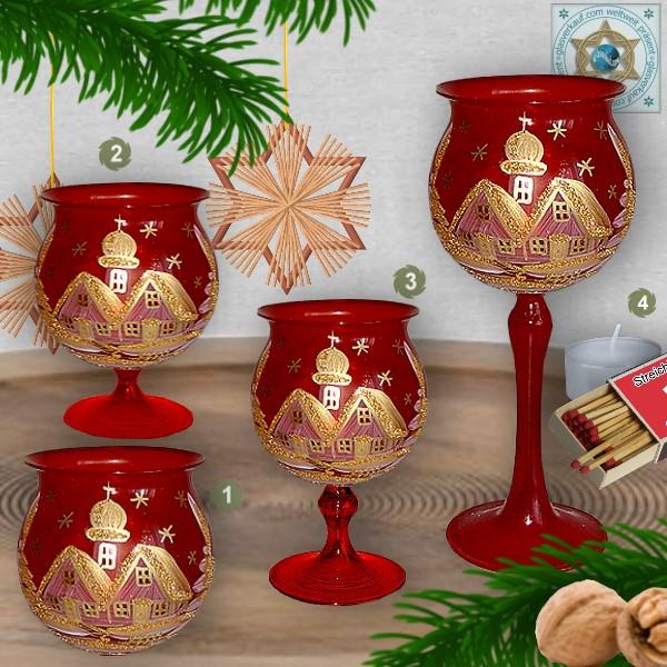 Weihnachtsdekoration Windlicht für Weihnachten in 4 Varianten Weihnachtsrot mit Motiv Winterdorf Gold Serie Klassik