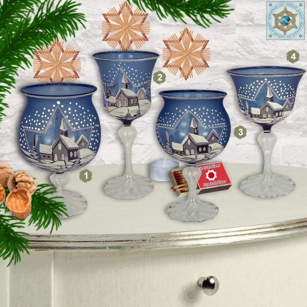 Christmas decoration windlight for Christmas with motif winter village blue series Mountain Christmas