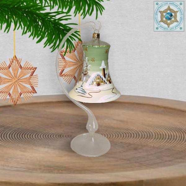 Christmas decoration glass bell on stand motif winter village green, blue, or red, series Lauscha Christmas