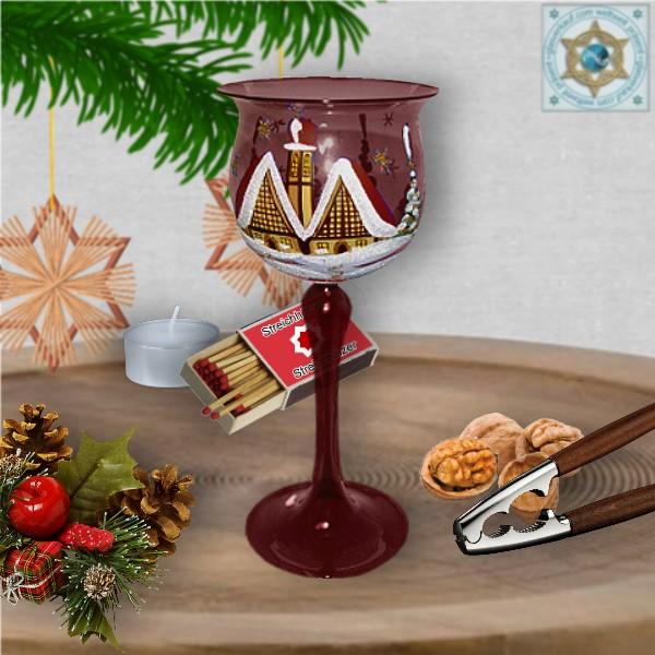 Christmas decoration windlight for Christmas goblet on long stand foot violet, blue, amber, green motif village church in winter series Lauscha Christmas