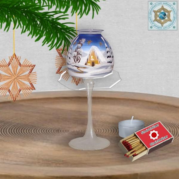 Christmas decoration windlight for Christmas with lampshade motif winter village green, blue, or red, series Lauscha Christmas