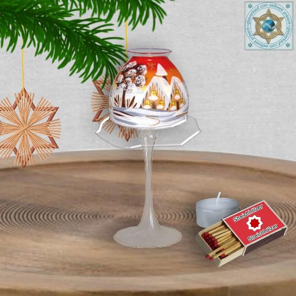 Christmas decoration windlight for Christmas with lampshade motif winter village green, blue, or red, series Lauscha Christmas