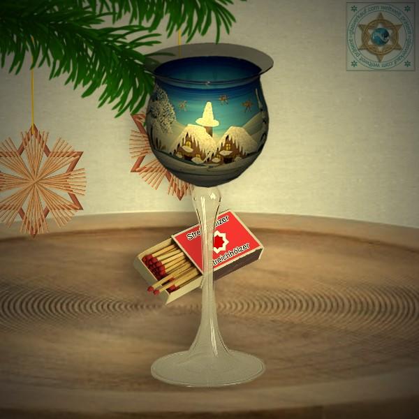 Christmas decoration windlight for Christmas on long stand foot motif winter village green, blue, or red, series Lauscha Christmas