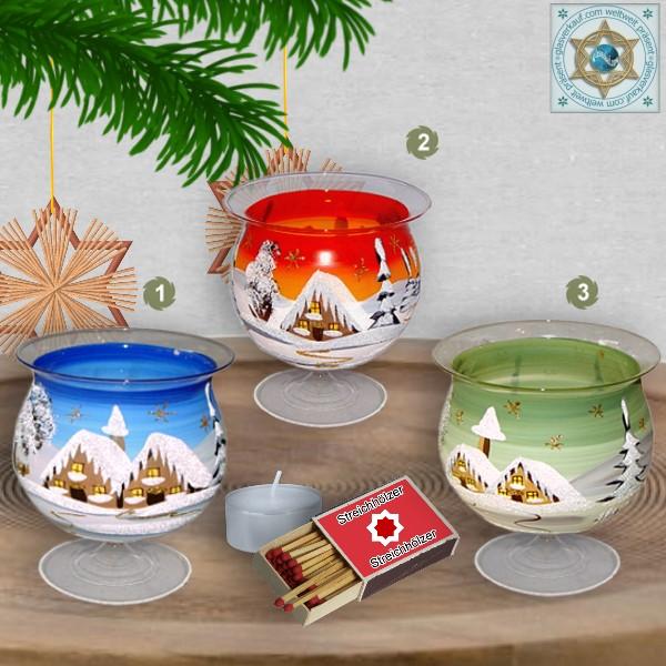 Christmas decoration windlight for Christmas on stand foot motif winter village green, blue, or red, series Lauscha Christmas