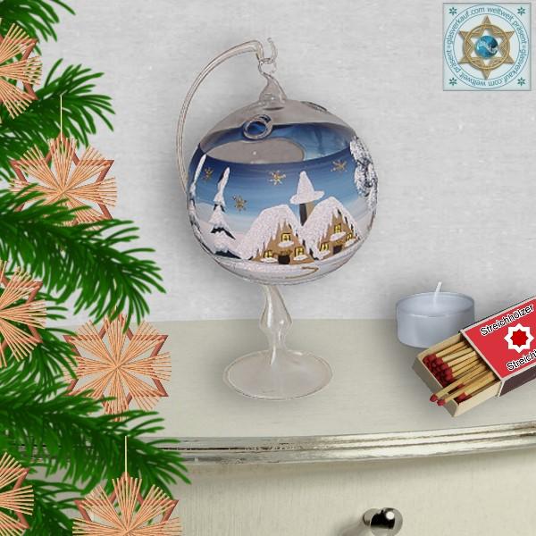 Christmas decoration windlight for Christmas glass ball on stand motif winter village green, blue, or red, series Lauscha Christmas