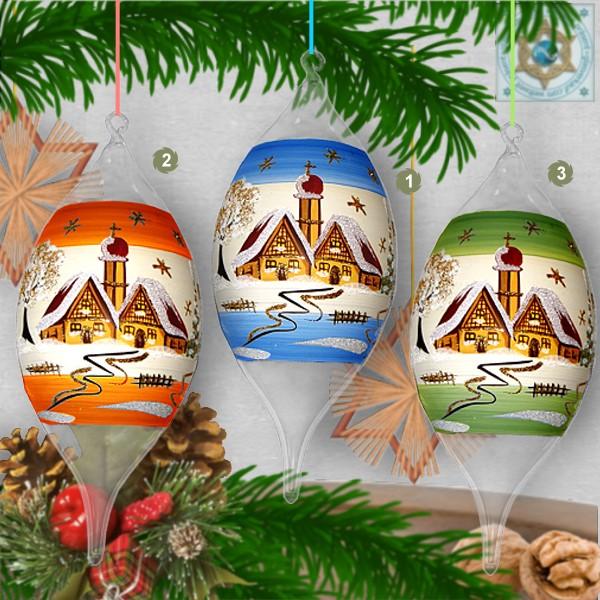 Christmas decoration glass olive motif winter village green, blue, or red, series Lauscha Christmas